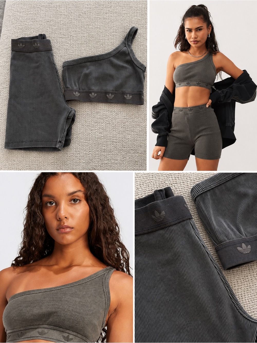 adidas Charcoal One-Shoulder Ribbed Crop Top & High-Waist Shorts